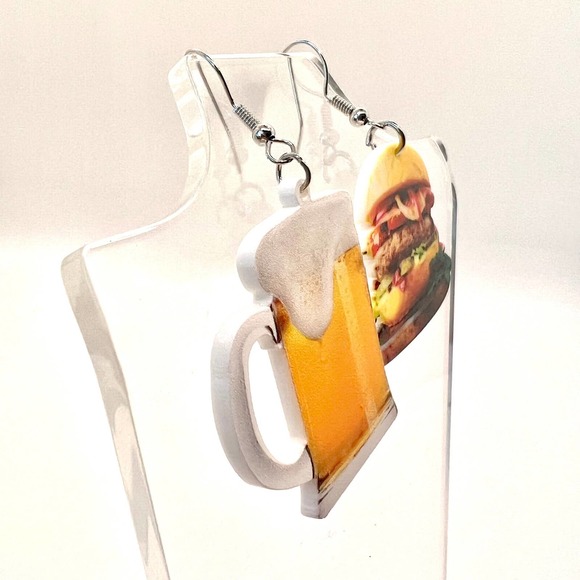 Burger & Beer Earrings - Mismatch Earrings - Pub Earrings - Party Earrings - Picture 3 of 8